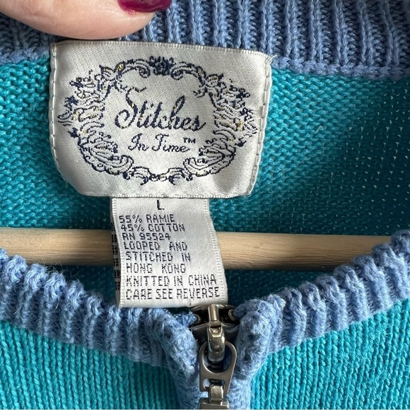 Stitches in Time Blue and Green Cardigan Sweater with Stitch detail Size Large - Picture 3 of 8